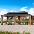 Modern Shade Horizon 12' x 24' Wood-Grain Hardtop Gazebo with LED Lights, Double Roof and Curtains
