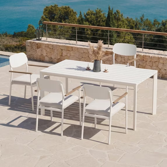 Modern Shade Lusso Set of 4 White Outdoor Dining Chairs Fade Resistant All Aluminum Frame FSC Teak Armrests Weather Resistant Quick Dry Cushions