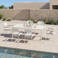 Modern Shade Lusso Set of 6 White Outdoor Dining Chairs Fade Resistant All Aluminum FSC Teak Armrests Weatherproof Quick Dry Cushions