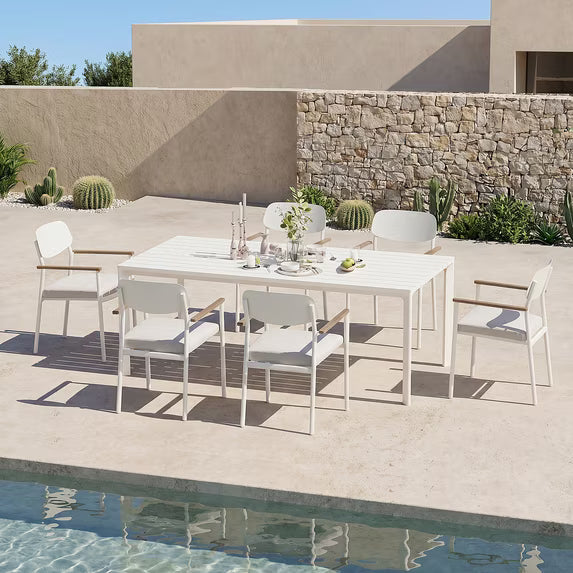 Modern Shade Lusso Set of 6 White Outdoor Dining Chairs Fade Resistant All Aluminum FSC Teak Armrests Weatherproof Quick Dry Cushions