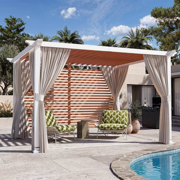 Modern Shade Open Sky 10'x12'Pergola Cabana, White Privacy Curtains & Wood-Grain Wall, Heavy-Duty Metal Gazebo for Patio & Poolside