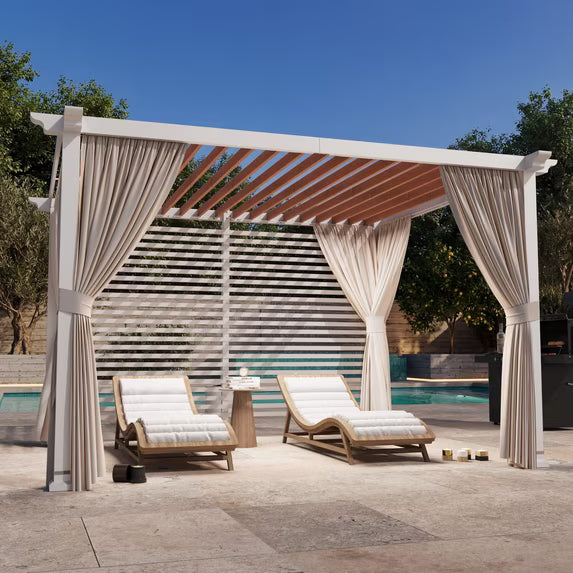 Modern Shade Open Sky 10'x12' Pergola Cabana with White Privacy Curtains & Back Wall, Heavy Duty Metal Gazebo for Patio, Backyard & Poolside