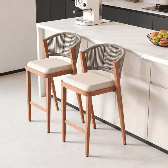 Modern Shade Outdoor Counter Height Bar Stool, Rope Backrest & Wood Grain Aluminum Frame