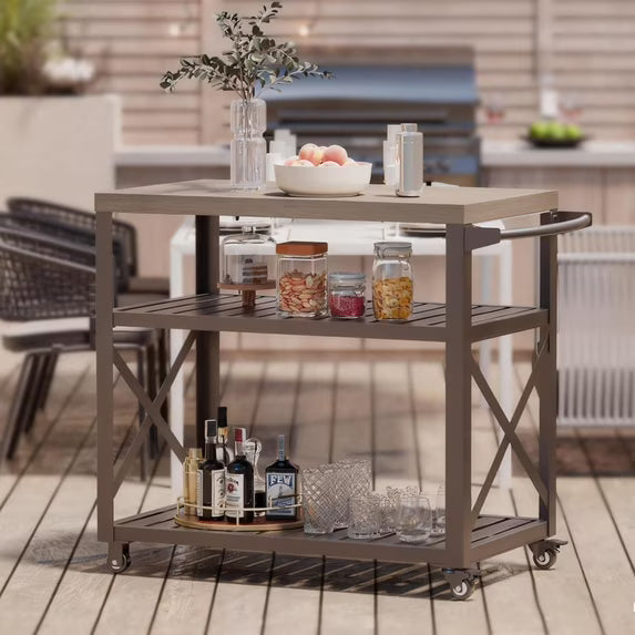 Modern Shade Grill Cart with Locking Wheels Heavy Duty Waterproof Wood Grain Top Swivel Casters Easy Clean Surface for Patio Cooking