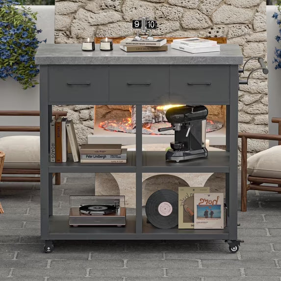 Modern Shade Rolling Grill Cart Heavy Duty with Locking Wheels Waterproof Wood Grain Top for Patio Cooking- Black