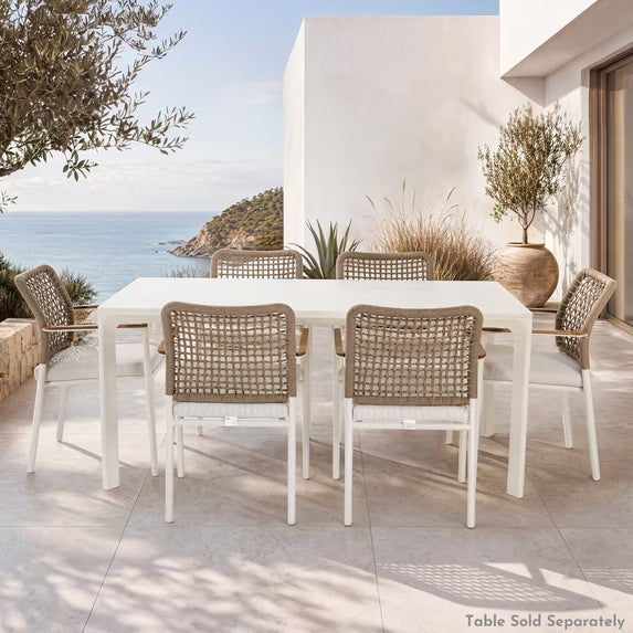 Modern Shade Riviera 6-Piece Outdoor Dining Chairs, Aluminum Woven Rope, FSC Teak Armrests, Quick Dry Cushion, Beige