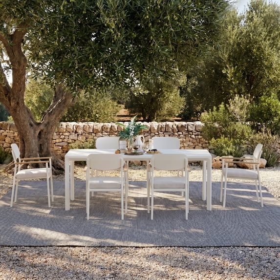 Modern Shade White 7 Piece Luxury Outdoor Dining Set Aluminum Patio Table Chairs FSC Teak Armrests Fade Resistant Outdoor Cushions Elegant Backyard Furniture