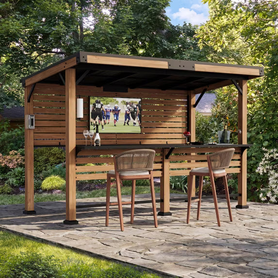 Modern Shade Woodberry 6' X 12' Cedar Outdoor Bar Gazebo with TV Mount, Dual Bar Tops & USB Charging Ports