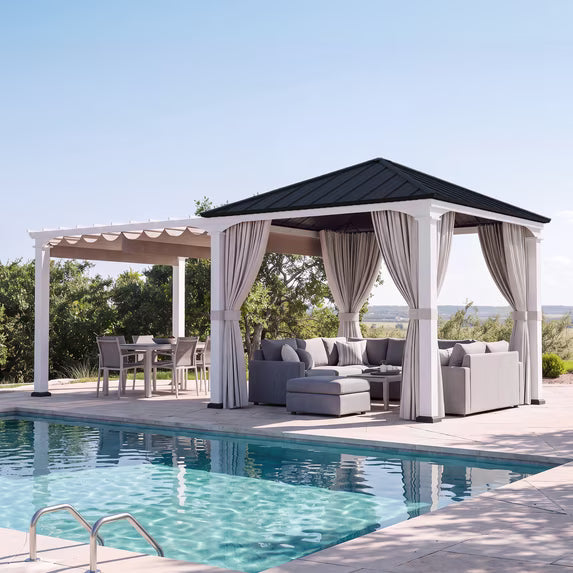 Modern Shade Sunrise Coast 10'x20' Hybrid Gazebo, Hardtop Pavilion with Adjustable Shade Fabric & Privacy Curtains, Outdoor Hot Tub Shelter, Black & White