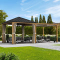 Modern Shade Sunrise Coast 10'x20' Hybrid Pergola Gazebo, Wood-Look Hardtop Pavilion with Adjustable Shade Fabric & Privacy Curtains, Outdoor Patio Hot Tub Shelter