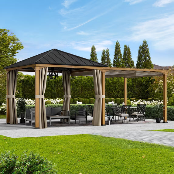 Modern Shade Sunrise Coast 10'x20' Hybrid Pergola Gazebo, Wood-Look Hardtop Pavilion with Adjustable Shade Fabric & Privacy Curtains, Outdoor Patio Hot Tub Shelter