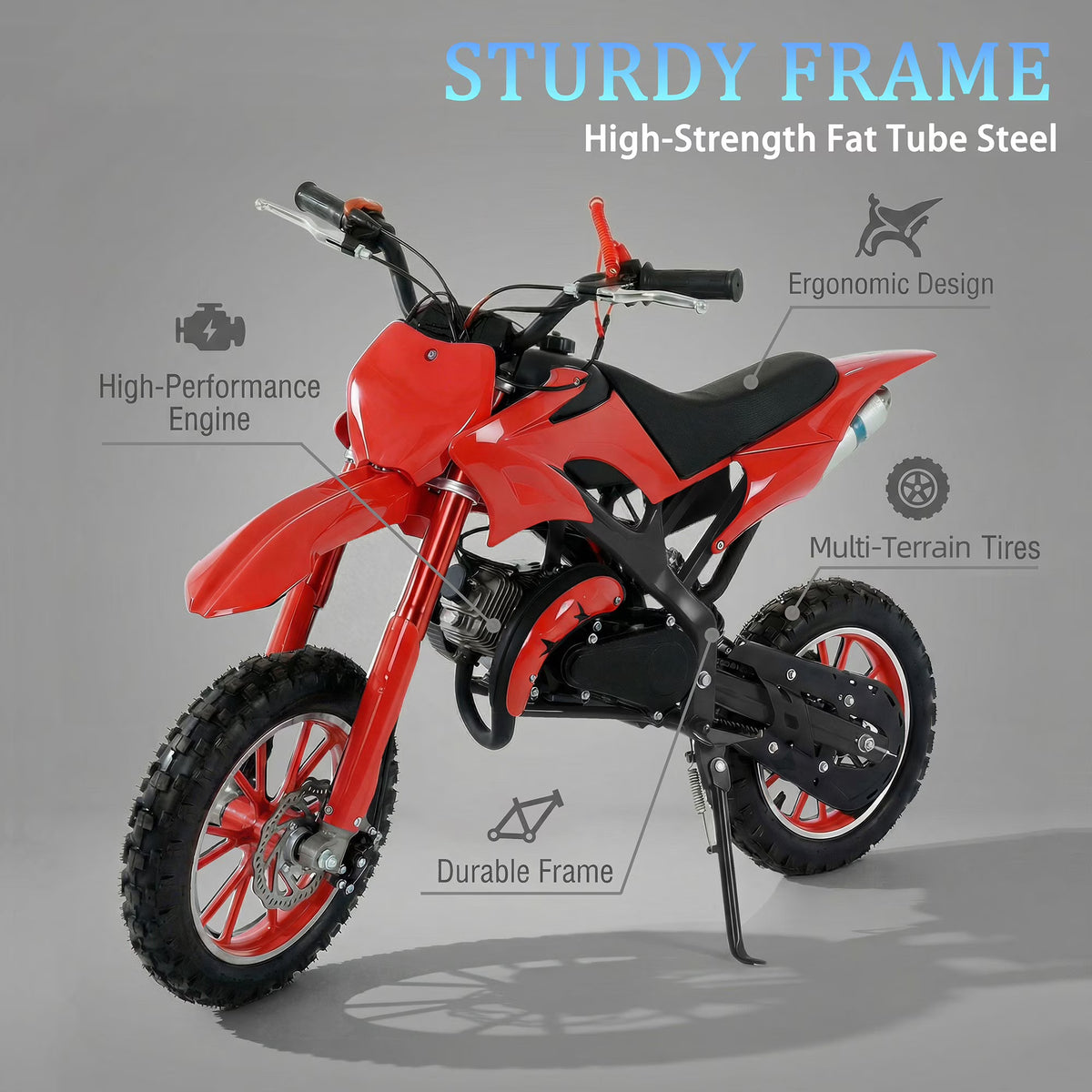 FONA 49cc Kids Dirt Bike 2-Stroke, 25MPH Mini Motorcycle for Ages 8–12, Dual Disc Brakes, Stable Suspension, Off-Road Tires, Soft Seat Red