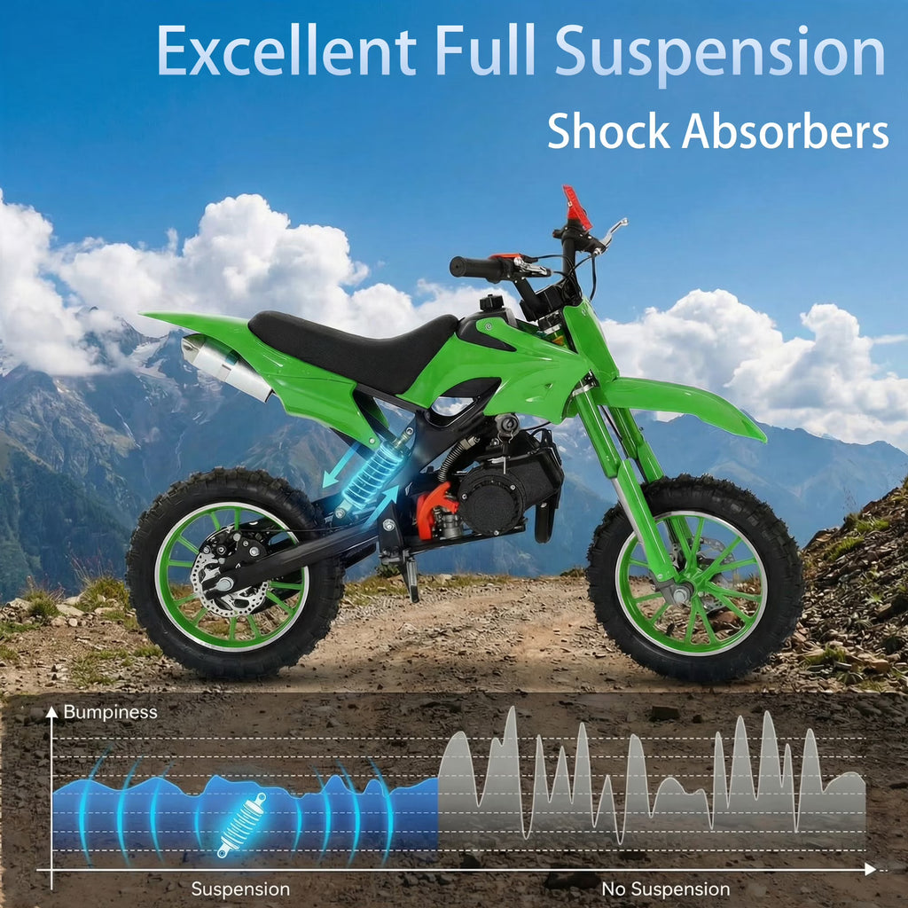 FONA 49cc 2-Stroke Dirt Bike for Kids 8-12, 25mph Mini Motorcycle with Dual Disc Brakes, Multi Terrain Tires, Suspension & Soft Seat Green