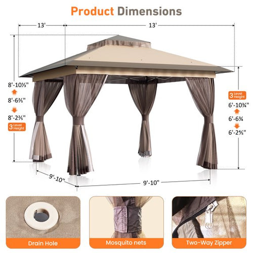 13'x13' Pop Up Gazebo with Double Vent Roof, Mosquito Netting, Waterproof UV Protection, Portable Backpack Carry