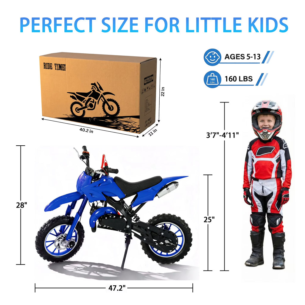 FONA 49cc Kids Dirt Bike 2-Stroke, 25MPH Mini Motorcycle for Ages 8–12, Dual Disc Brakes, Stable Suspension, Off-Road Tires, Soft Seat Blue