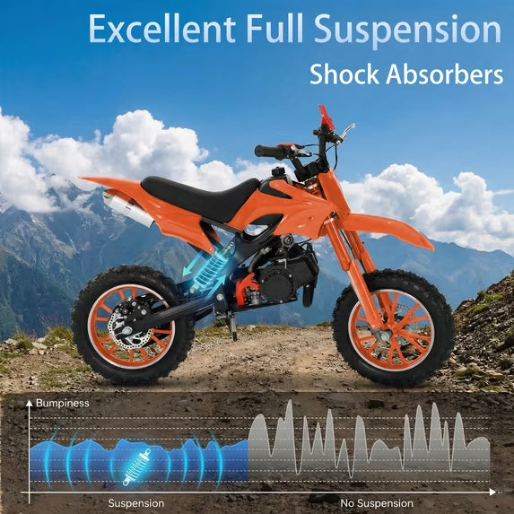 FONA 49cc 2-Stroke Dirt Bike for Kids 8-12, 25mph Mini Motorcycle with Dual Disc Brakes, Multi Terrain Tires, Suspension & Soft Seat Orange