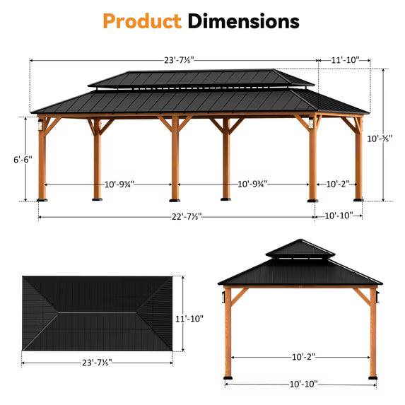 Modern Shade Horizon 12' x 24' Wood-Grain Hardtop Gazebo with LED Lights, Double Roof and Curtains