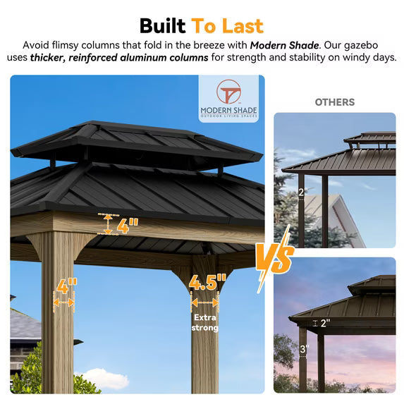 Modern Shade 6' x 8' Aluminum Grill Gazebo, Galvanized Steel Hardtop with Shelves, Ceiling Hook & Extra-Wide Columns, Wood Grain