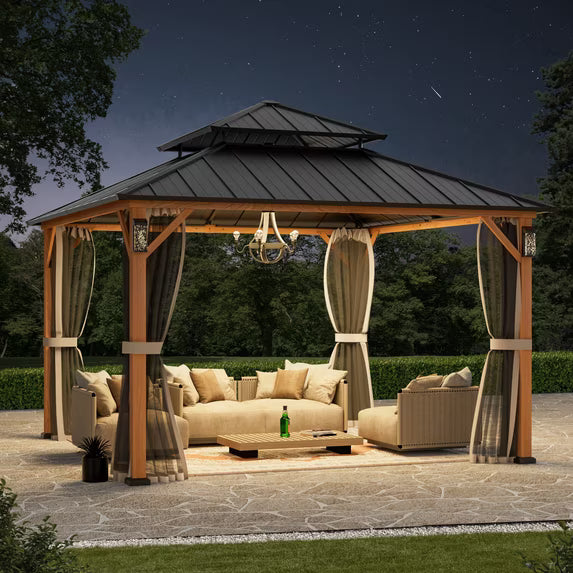 Modern Shade Hardtop Gazebo 12' x 12' with 4 LED Lights, Permanent Gazebo with Double Galvanized Steel Roof for Outdoor Backyard, Brown