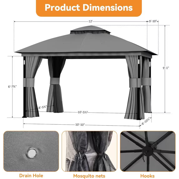 Covered Outdoor 10'x12' Gray Gazebo with LED Lights & Bluetooth Speaker, Metal Frame Double Roof, Netting & Curtains