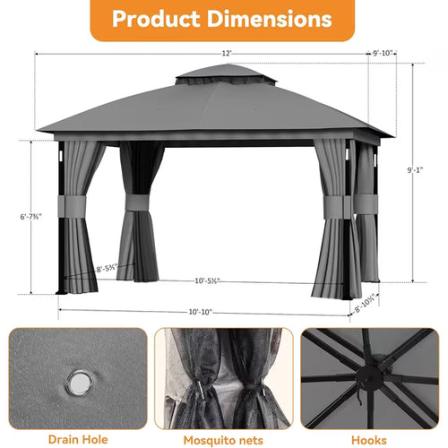 Covered Outdoor 10'x12' Gray Gazebo with LED Lights & Bluetooth Speaker, Metal Frame Double Roof, Netting & Curtains