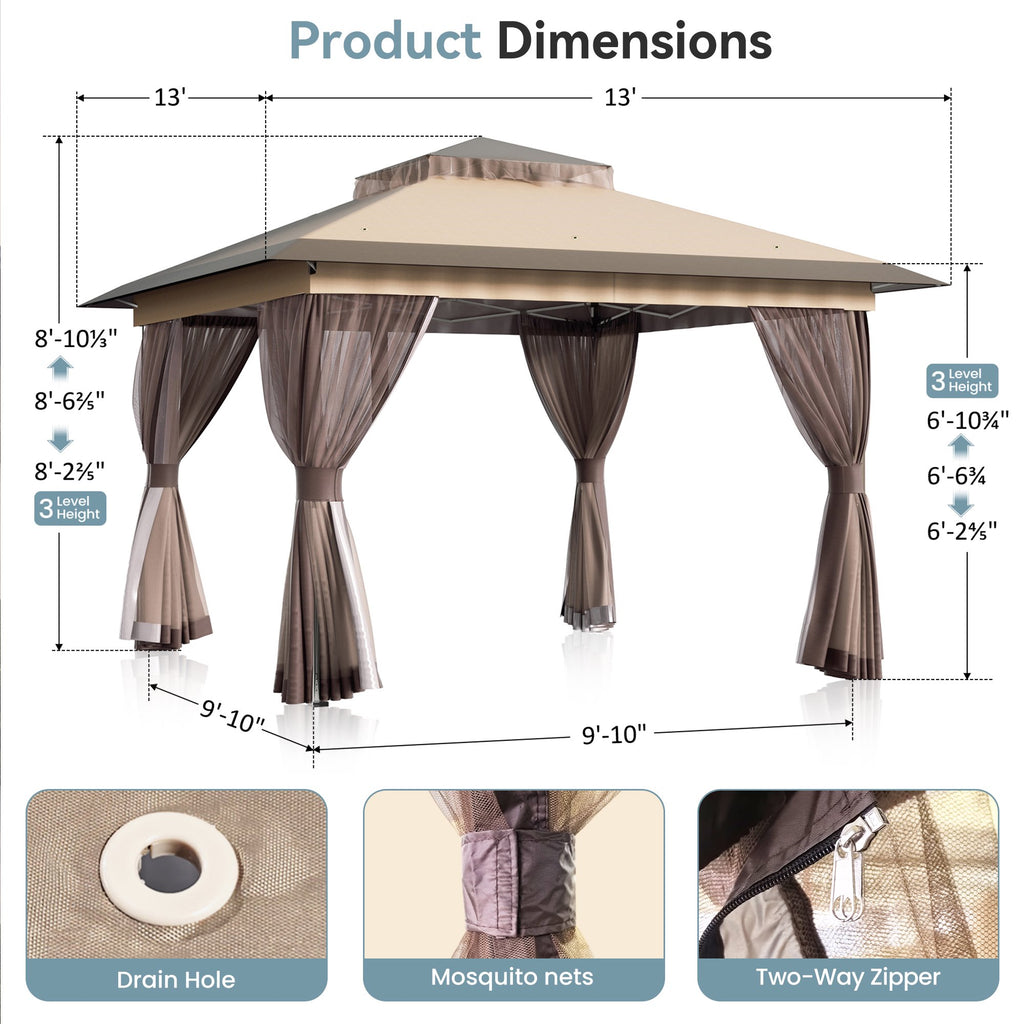 Big Leaf 13'x13' Pop Up Gazebo, Double Vent Roof with Mosquito Netting, Waterproof UV Protection, Portable Backpack Included