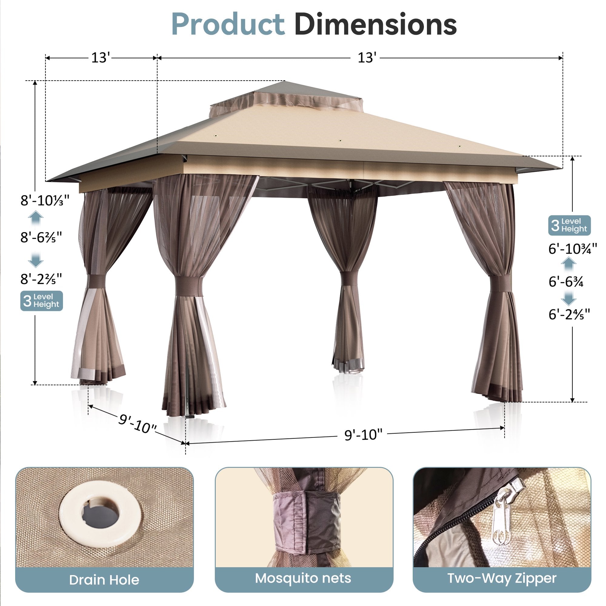 Big Leaf 13'x13' Pop Up Gazebo, Double Vent Roof with Mosquito Netting, Waterproof UV Protection, Portable Backpack Included
