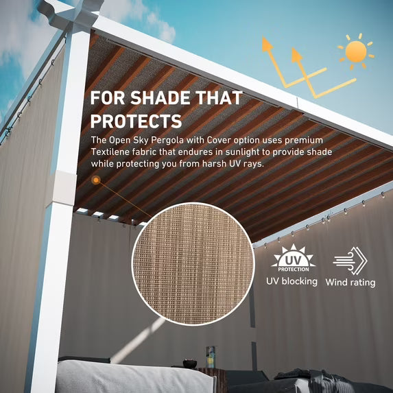 Modern Shade 10'x12' Open Sky Pergola Cabana with Trellis Roof, Heavy Duty Metal Frame, Privacy Curtains, Wood Grain Back Wall & Textilene Sun Shelter for Patio