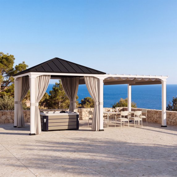 Modern Shade Sunrise Coast 10'x20' Hybrid Gazebo, Hardtop Pavilion with Adjustable Shade Fabric & Privacy Curtains, Outdoor Hot Tub Shelter, Black & White
