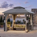Covered Outdoor 10x10 Gray Gazebo Double Roof Heavy Duty Metal Frame with LED Lights Bluetooth Speaker Netting and Curtains