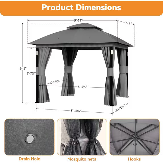 Covered Outdoor 10x10 Gray Gazebo Double Roof Heavy Duty Metal Frame with LED Lights Bluetooth Speaker Netting and Curtains