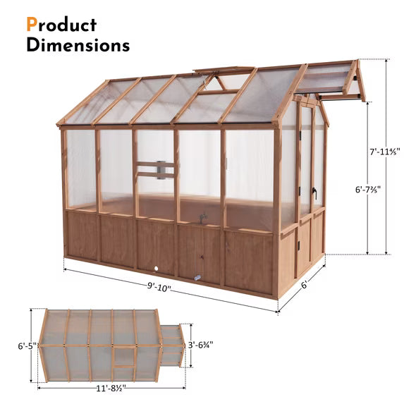 Modern Shade EverBloom 6.5'x10' Cedar Wood Greenhouse, 8' Extra-Tall with Built-in Faucet Kit, Shelving, Power Strip and Ventilation System