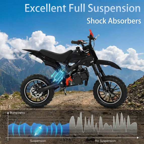 FONA 49cc 2-Stroke Dirt Bike for Kids 8-12, 25mph Mini Motorcycle with Dual Disc Brakes, Multi terrain tires Tires, Suspension & Soft Seat Black