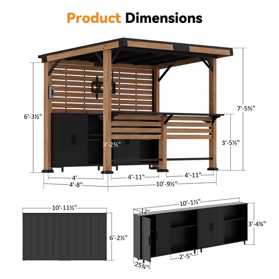 Modern Shade 6'x12' Cedar Outdoor Bar Gazebo with TV Mount, Storage Cabinet, Dual Bar Tops, Shelves, USB Ports for Patio Grilling