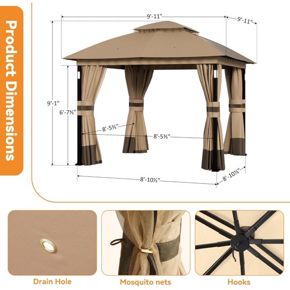 Covered Outdoor 10x10 Khaki Gazebo Double Roof Heavy Duty Metal Frame with LED Lights Bluetooth Speaker Netting and Curtains