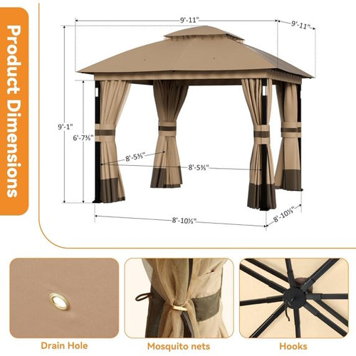 Covered Outdoor 10x10 Khaki Gazebo Double Roof Heavy Duty Metal Frame with LED Lights Bluetooth Speaker Netting and Curtains