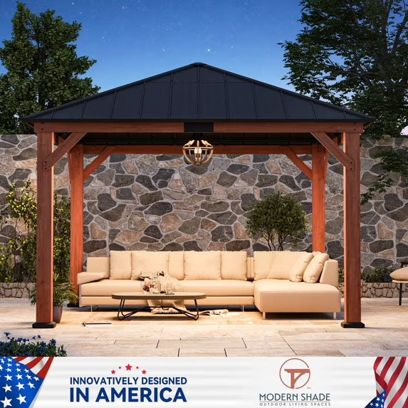 Modern Shade Tranquil Grove 12' x 12' Wood Gazebo - Polycarbonate Hip Roof Hardtop Pavilion with Hooks