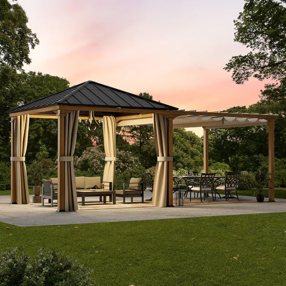 Modern Shade Sunrise Coast 10'x20' Hybrid Pergola Gazebo, Wood-Look Hardtop Pavilion with Adjustable Shade Fabric & Privacy Curtains, Outdoor Patio Hot Tub Shelter