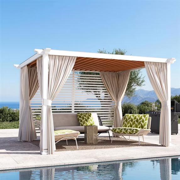 Modern Shade 10'x12' Open Sky Pergola Cabana with Trellis Roof, Privacy Curtains, White Back Wall & Textilene Sun Shade for Patio
