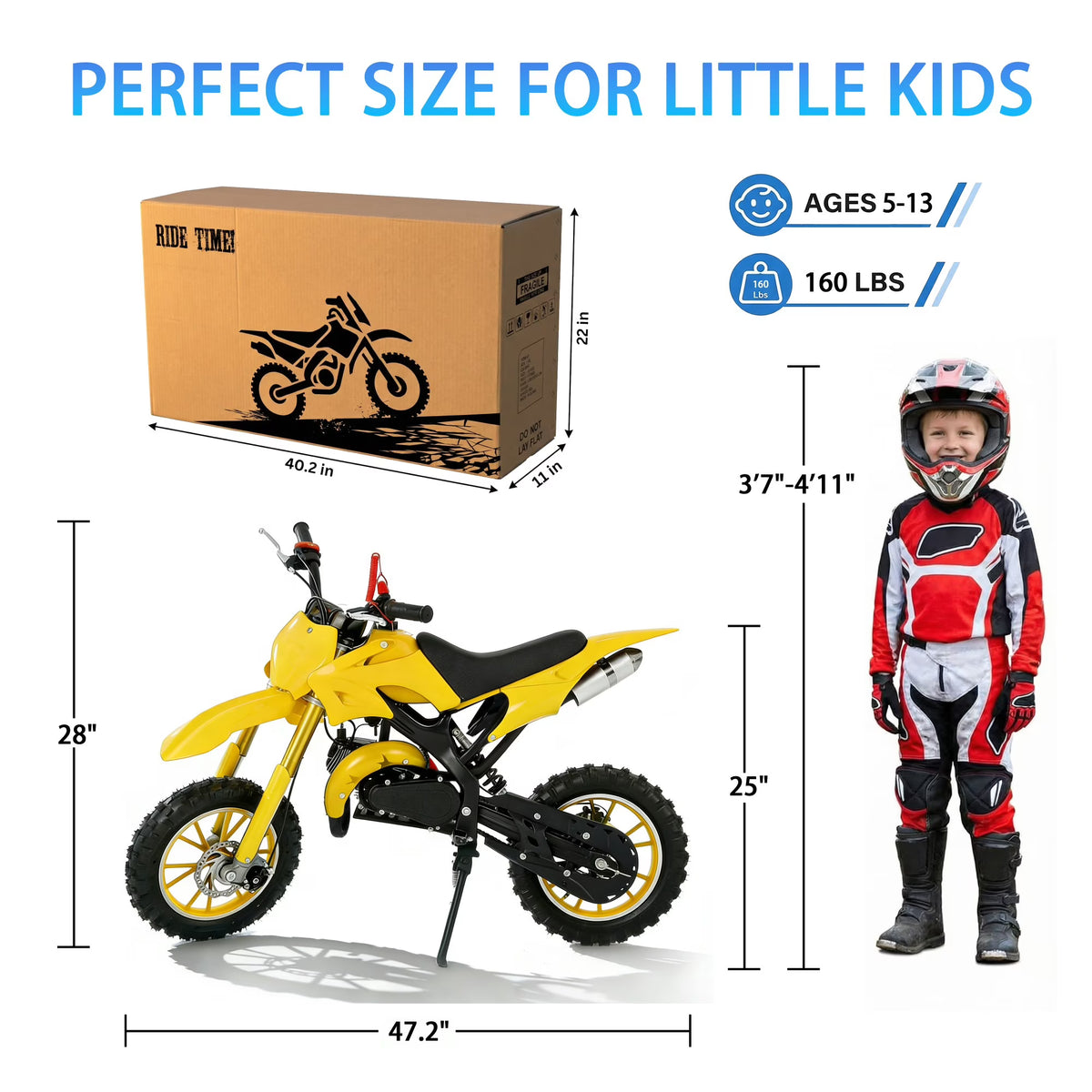 FONA 49cc Kids Dirt Bike 2-Stroke, 25MPH Mini Motorcycle for Ages 8–12, Dual Disc Brakes, Stable Suspension, Off-Road Tires, Soft Seat Yellow
