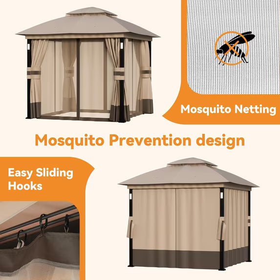 Covered Outdoor 8x8ft Soft Top Patio Gazebo Metal Frame with Netting Curtains Khaki