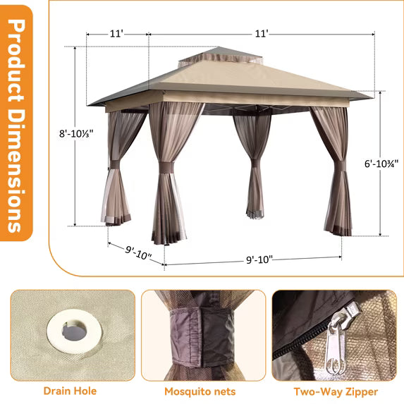 Pop Up Gazebo11'x11', Double Ventilated Roof, Waterproof UV Protected Canopy with Mosquito Netting, Portable Party Tent with Backpack