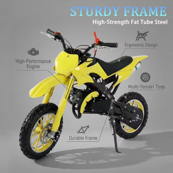 FONA 49cc 2-Stroke Dirt Bike for Kids 8-12, 25mph Mini Motorcycle with Dual Disc Brakes, Multi Terrain Tires, Suspension & Soft Seat Yellow