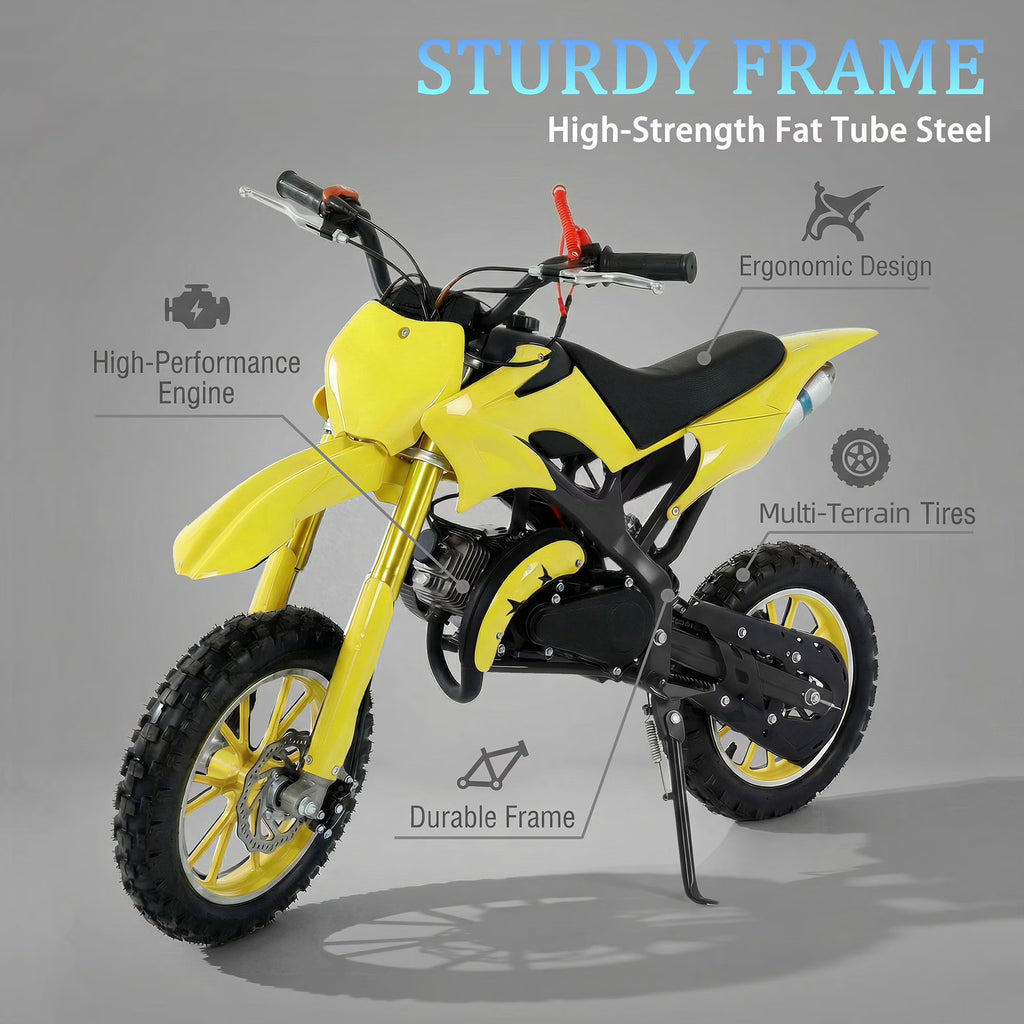 FONA 49cc Kids Dirt Bike 2-Stroke, 25MPH Mini Motorcycle for Ages 8–12, Dual Disc Brakes, Stable Suspension, Off-Road Tires, Soft Seat Yellow