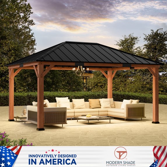 Modern Shade Tranquil Grove 12'x16’Hardtop Gazebo,Cedar Framed Pavilion with Galvanized Steel Roof,Permanent Patio Metal Gazebo for Outdoor Brown