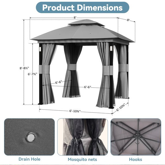 Big Leaf 8'x8' Gray Double Roof Gazebo with LED Lights Bluetooth Speaker Netting Curtains