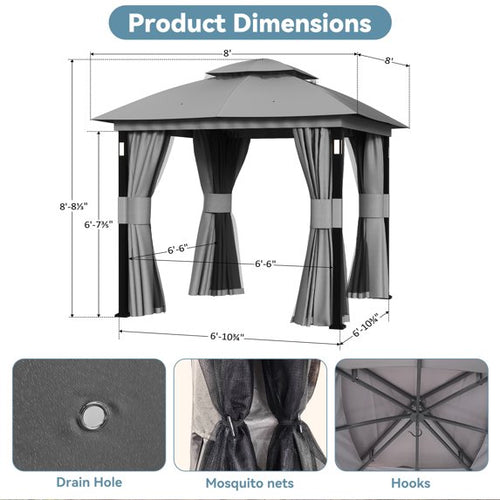 Big Leaf 8'x8' Gray Double Roof Gazebo with LED Lights Bluetooth Speaker Netting Curtains