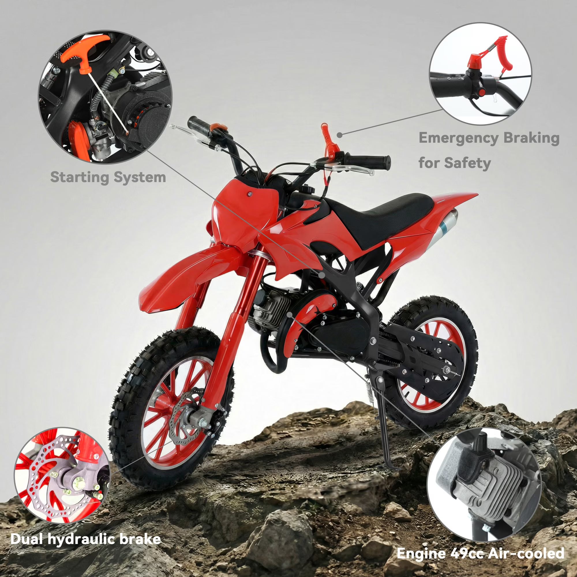 FONA 49cc Kids Dirt Bike 2-Stroke, 25MPH Mini Motorcycle for Ages 8–12, Dual Disc Brakes, Stable Suspension, Off-Road Tires, Soft Seat Red