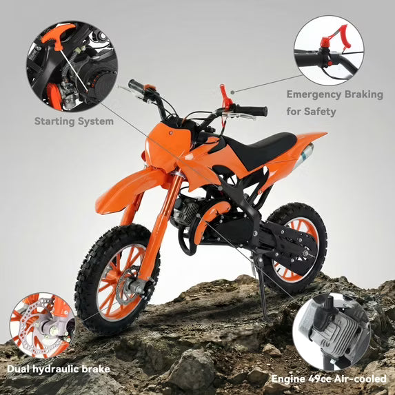 FONA 49cc 2-Stroke Dirt Bike for Kids 8-12, 25mph Mini Motorcycle with Dual Disc Brakes, Multi Terrain Tires, Suspension & Soft Seat Orange