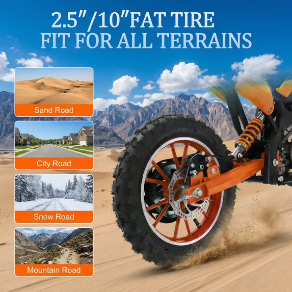 FONA 49cc 2-Stroke Dirt Bike for Kids 8-12, 25mph Mini Motorcycle with Dual Disc Brakes, Multi Terrain Tires, Suspension & Soft Seat Orange
